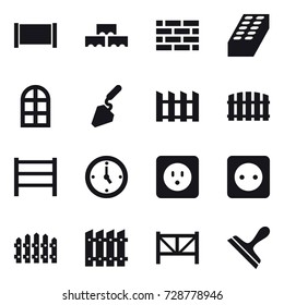 16 vector icon set : fence, block wall, brick wall, brick, arch window, construction, watch, power socket, farm fence, scraper