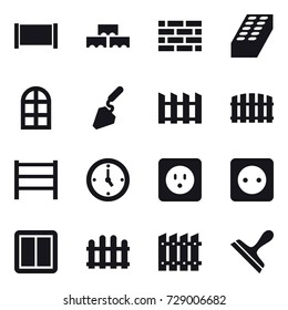 16 vector icon set : fence, block wall, brick wall, brick, arch window, construction, watch, power socket, power switch, scraper