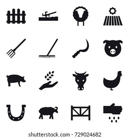 16 vector icon set : fence, soil cutter, sheep, field, fork, rake, sickle, pig, harvest, cow, chicken, horseshoe, farm fence, sow