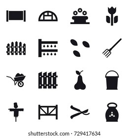 16 vector icon set : fence, greenhouse, flower bed, watering, seeds, fork, wheelbarrow, pear, bucket, scarecrow, farm fence, pruner, fertilizer