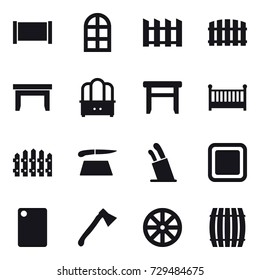 16 vector icon set : fence, arch window, table, dresser, stool, crib, cutting board, stands for knives, axe, wheel, barrel