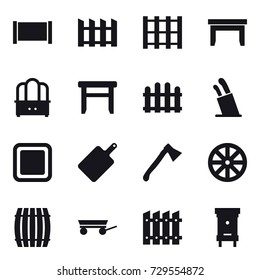 16 vector icon set : fence, table, dresser, stool, stands for knives, cutting board, axe, wheel, barrel, trailer, hive