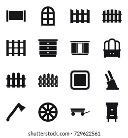 16 vector icon set : fence, arch window, chest of drawers, wardrobe, dresser, cutting board, knife holder, axe, wheel, trailer, hive