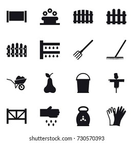 16 vector icon set : fence, flower bed, watering, fork, rake, wheelbarrow, pear, bucket, scarecrow, farm fence, sow, fertilizer, gloves