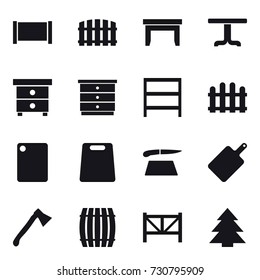 16 vector icon set : fence, table, nightstand, chest of drawers, rack, cutting board, axe, barrel, farm fence, spruce