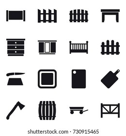 16 vector icon set : fence, table, chest of drawers, wardrobe, crib, cutting board, axe, barrel, trailer, farm fence