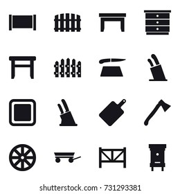 16 vector icon set : fence, table, chest of drawers, stool, cutting board, stands for knives, knife holder, axe, wheel, trailer, farm fence, hive