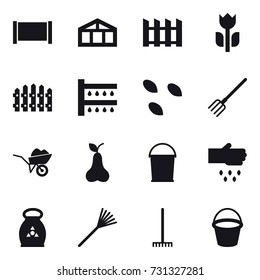 16 vector icon set : fence, greenhouse, watering, seeds, fork, wheelbarrow, pear, bucket, sow, fertilizer, rake