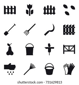 16 vector icon set : fence, seeds, shovel, fork, sickle, pear, bucket, scarecrow, farm fence, sow, rake, gloves