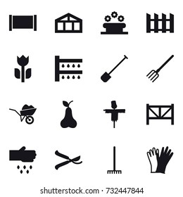 16 vector icon set : fence, greenhouse, flower bed, watering, shovel, fork, wheelbarrow, pear, scarecrow, farm fence, sow, pruner, rake, gloves