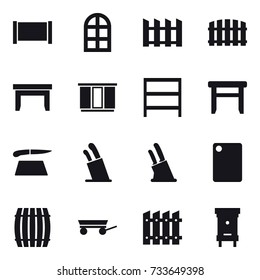 16 vector icon set : fence, arch window, table, wardrobe, rack, stool, cutting board, stands for knives, knife holder, barrel, trailer, hive