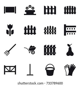 16 vector icon set : fence, flower bed, watering, fork, wheelbarrow, pear, farm fence, rake, bucket, gloves