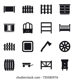 16 vector icon set : fence, chest of drawers, wardrobe, dresser, rack, crib, cutting board, axe, wheel, barrel, trailer, farm fence, hive