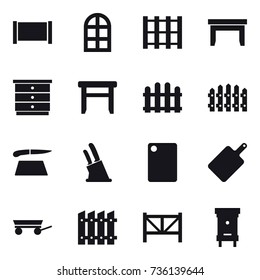 16 vector icon set : fence, arch window, table, chest of drawers, stool, cutting board, knife holder, trailer, farm fence, hive