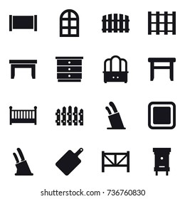 16 vector icon set : fence, arch window, table, chest of drawers, dresser, stool, crib, stands for knives, cutting board, knife holder, farm fence, hive
