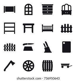 16 vector icon set : fence, arch window, chest of drawers, dresser, rack, stool, crib, cutting board, knife holder, axe, wheel, barrel, trailer