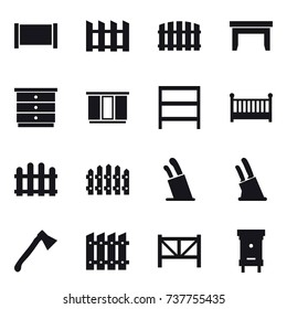 16 vector icon set : fence, table, chest of drawers, wardrobe, rack, crib, stands for knives, knife holder, axe, farm fence, hive