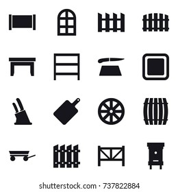 16 vector icon set : fence, arch window, table, rack, cutting board, knife holder, wheel, barrel, trailer, farm fence, hive