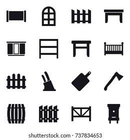16 vector icon set : fence, arch window, table, wardrobe, rack, stool, crib, knife holder, cutting board, axe, barrel, farm fence, hive