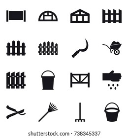 16 vector icon set : fence, greenhouse, sickle, wheelbarrow, bucket, farm fence, sow, pruner, rake