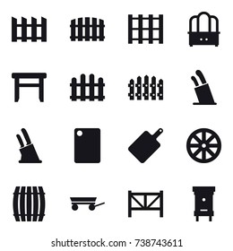 16 vector icon set : fence, dresser, stool, stands for knives, knife holder, cutting board, wheel, barrel, trailer, farm fence, hive