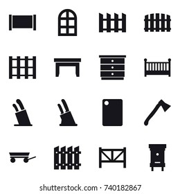 16 vector icon set : fence, arch window, table, chest of drawers, crib, stands for knives, knife holder, cutting board, axe, trailer, farm fence, hive