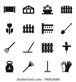 16 vector icon set : fence, greenhouse, flower bed, watering, shovel, fork, rake, scarecrow, fertilizer, gloves
