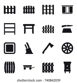 16 vector icon set : fence, wardrobe, rack, stool, cutting board, knife holder, axe, wheel, barrel, trailer, hive