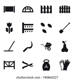 16 vector icon set : fence, greenhouse, watering, seeds, shovel, rake, sickle, wheelbarrow, pear, farm fence, pruner, fertilizer, gloves