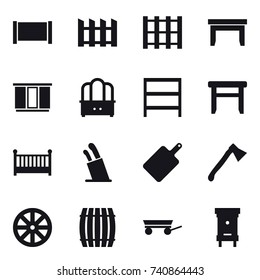 16 vector icon set : fence, table, wardrobe, dresser, rack, stool, crib, stands for knives, cutting board, axe, wheel, barrel, trailer, hive