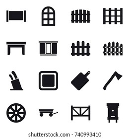 16 vector icon set : fence, arch window, table, wardrobe, stands for knives, cutting board, axe, wheel, trailer, farm fence, hive
