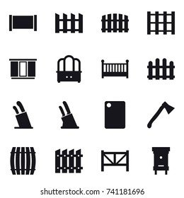 16 vector icon set : fence, wardrobe, dresser, crib, stands for knives, knife holder, cutting board, axe, barrel, farm fence, hive