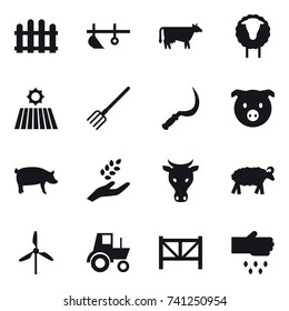16 vector icon set : fence, plow, cow, sheep, field, fork, sickle, pig, harvest, windmill, tractor, farm fence, sow
