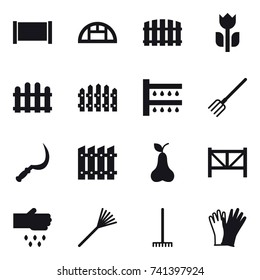 16 vector icon set : fence, greenhouse, watering, fork, sickle, pear, farm fence, sow, rake, gloves