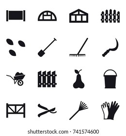 16 vector icon set : fence, greenhouse, seeds, shovel, rake, sickle, wheelbarrow, pear, bucket, farm fence, pruner, gloves