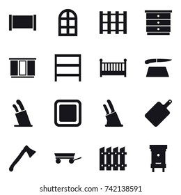 16 vector icon set : fence, arch window, chest of drawers, wardrobe, rack, crib, cutting board, stands for knives, knife holder, axe, trailer, hive