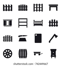 16 vector icon set : fence, table, wardrobe, rack, crib, cutting board, axe, wheel, barrel, trailer, hive