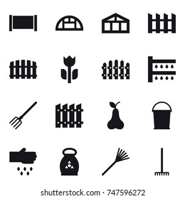 16 vector icon set : fence, greenhouse, watering, fork, pear, bucket, sow, fertilizer, rake