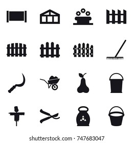 16 vector icon set : fence, greenhouse, flower bed, rake, sickle, wheelbarrow, pear, bucket, scarecrow, pruner, fertilizer
