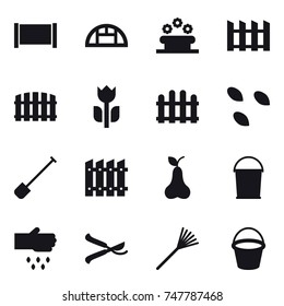 16 vector icon set : fence, greenhouse, flower bed, seeds, shovel, pear, bucket, sow, pruner, rake