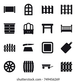16 vector icon set : fence, arch window, chest of drawers, dresser, stool, crib, cutting board, wheel, barrel, trailer