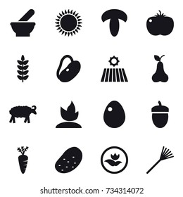 16 vector icon set : field, pear, sheep, sprouting, egg, acorn, carrot, potato, ecology, rake