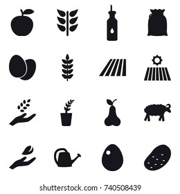 16 vector icon set : field, harvest, seedling, pear, sheep, hand leaf, watering can, egg, potato