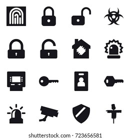 16 vector icon set : fingerprint, lock, unlock, lock, unlock, smart house, atm, key, identity card, key, alarm, scarecrow