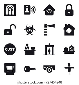 16 vector icon set : fingerprint, pass card, wireless home, lock, unlock, lighthouse, smart house, detector, baggage checking, atm, key, surveillance camera, scarecrow