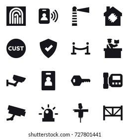 16 vector icon set : fingerprint, pass card, lighthouse, smart house, vip fence, inspector, surveillance, identity card, key, intercome, scarecrow, farm fence