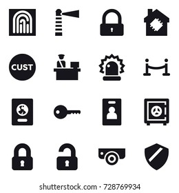 16 vector icon set : fingerprint, lighthouse, lock, smart house, vip fence, passport, key, identity card, safe, locked, unlocked, surveillance camera
