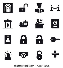 16 vector icon set : fingerprint, unlock, vip fence, detector, baggage checking, inspector, passport, identity card, locked, unlocked, key, alarm, surveillance camera, scarecrow
