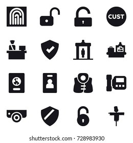 16 vector icon set : fingerprint, unlock, detector, baggage checking, passport, identity card, life vest, intercome, surveillance camera, scarecrow