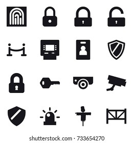 16 vector icon set : fingerprint, lock, unlock, vip fence, atm, identity card, shield, locked, key, surveillance camera, scarecrow, farm fence